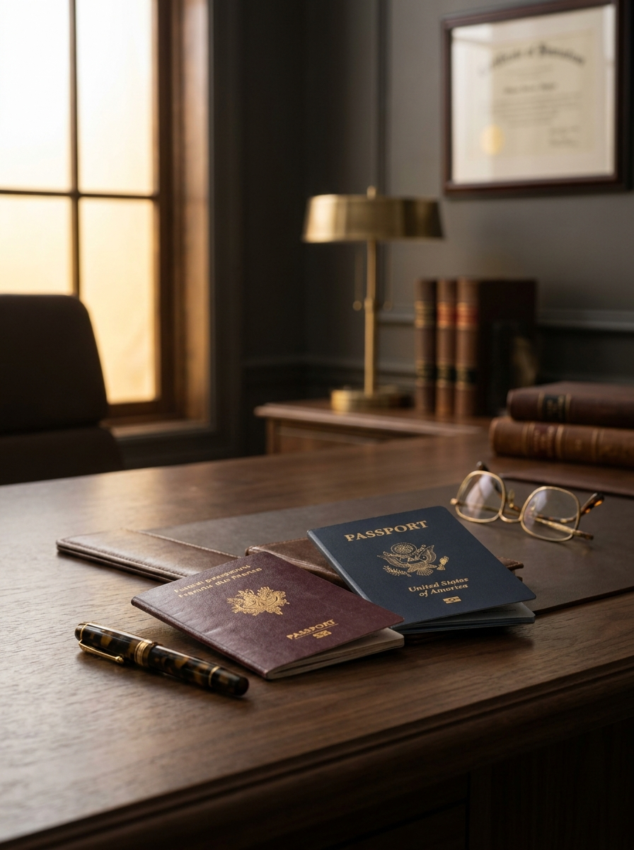 Passeports français et américain sur un bureau de cabinet d'avocats